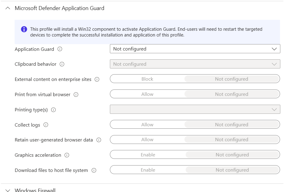 Screenshot of Microsoft Intune configuration settings for Microsoft Defender Application Guard, showing options for clipboard, printing, logs, and browser data.